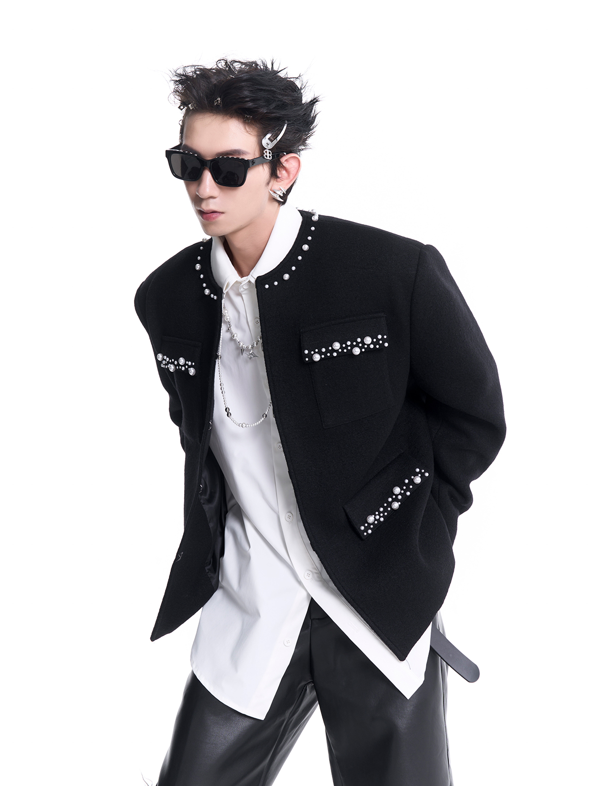 PEARL-TRIMMED COLLARLESS WOOL JACKET-START EXCEED END