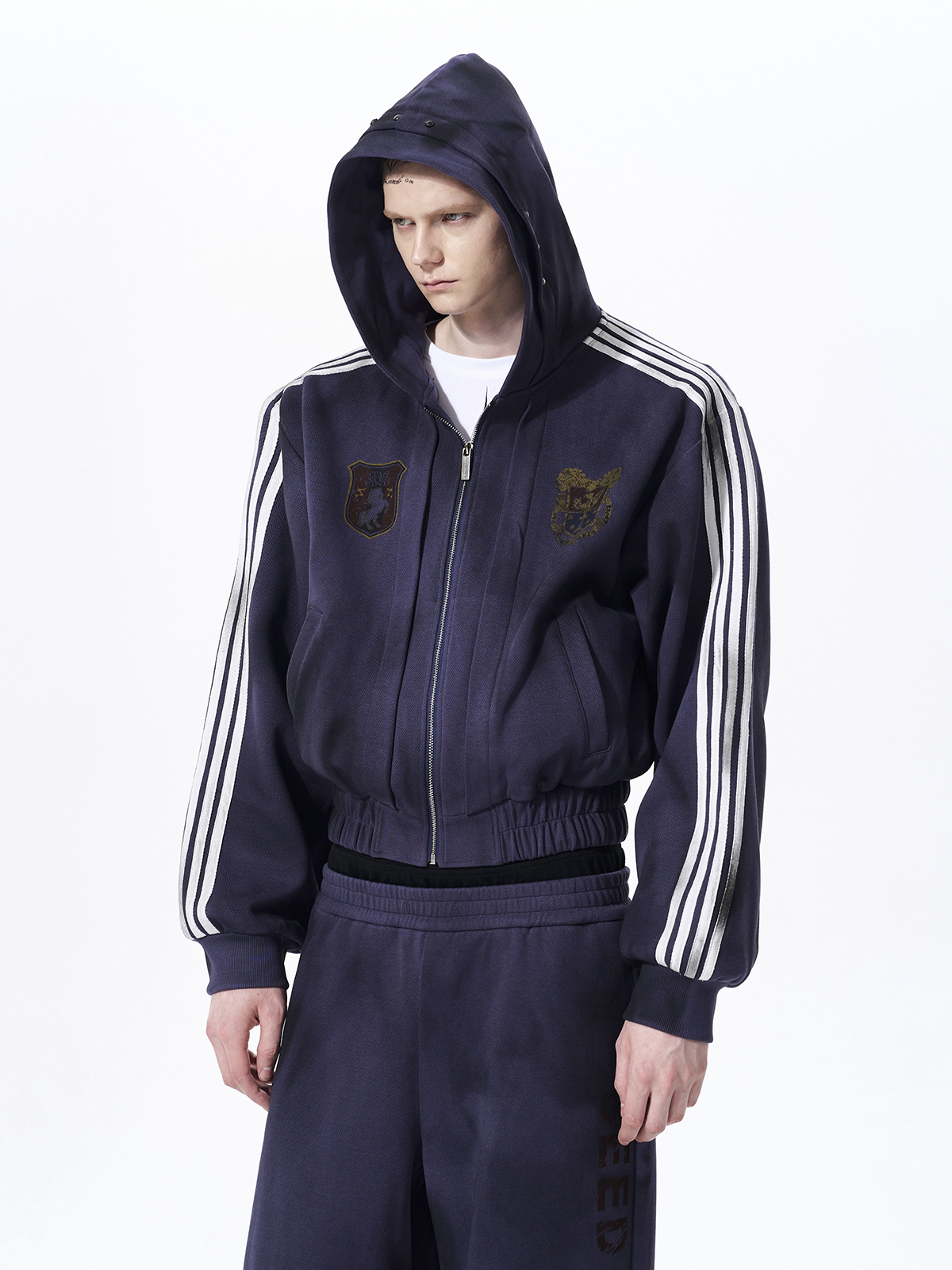 DISTRESSED MOTO BADGE 4-STRIPE TRACKSUIT SET-DEEP PURPLE