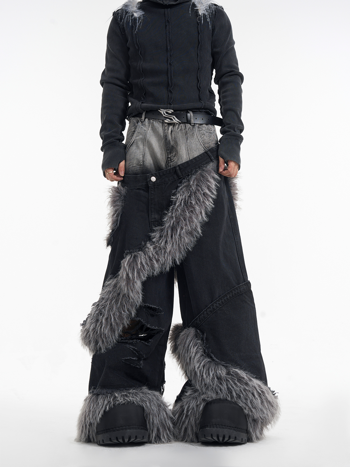 DOUBLE WAIST FUR SPIRAL WIDE LEG JEANS-START EXCEED END