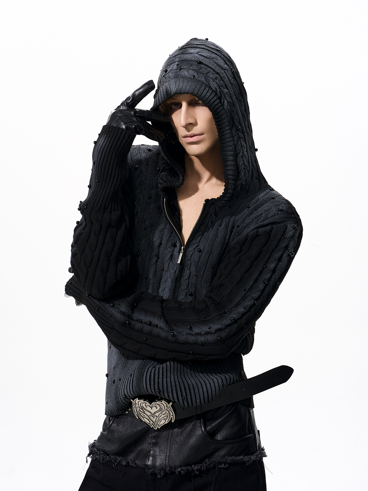 WASHED BEADED CABLE KNIT HOODIE-START EXCEED END