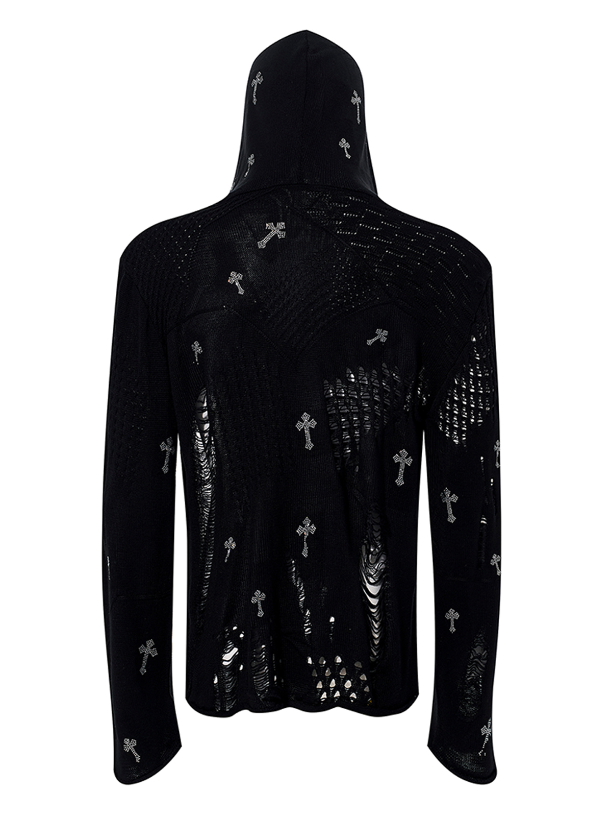 DISTRESSED CROSS RHINESTONE HOODED KNIT SWEATER-BLACK