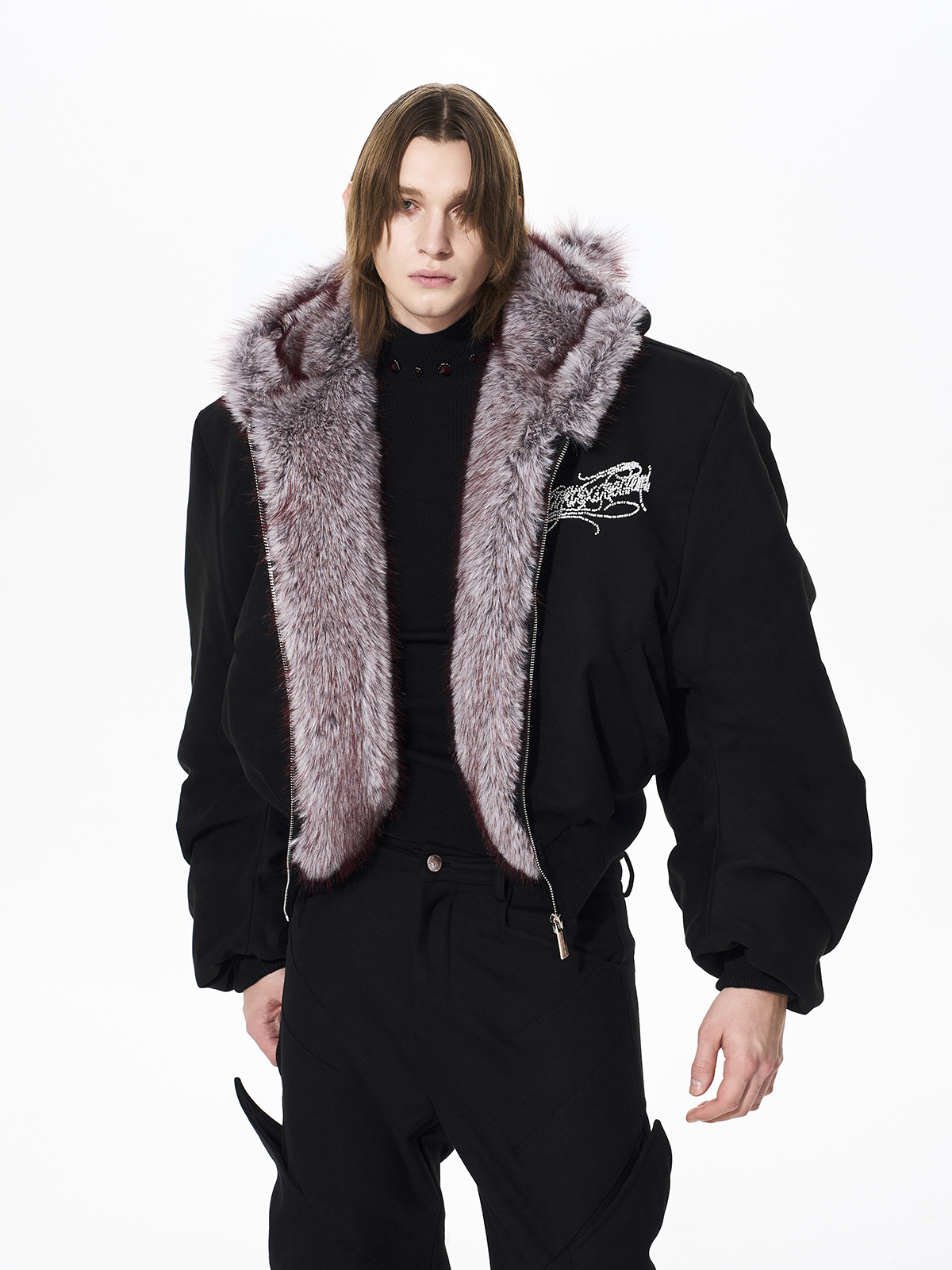 RABBIT EAR PADDED SUEDE JACKET-BLACK