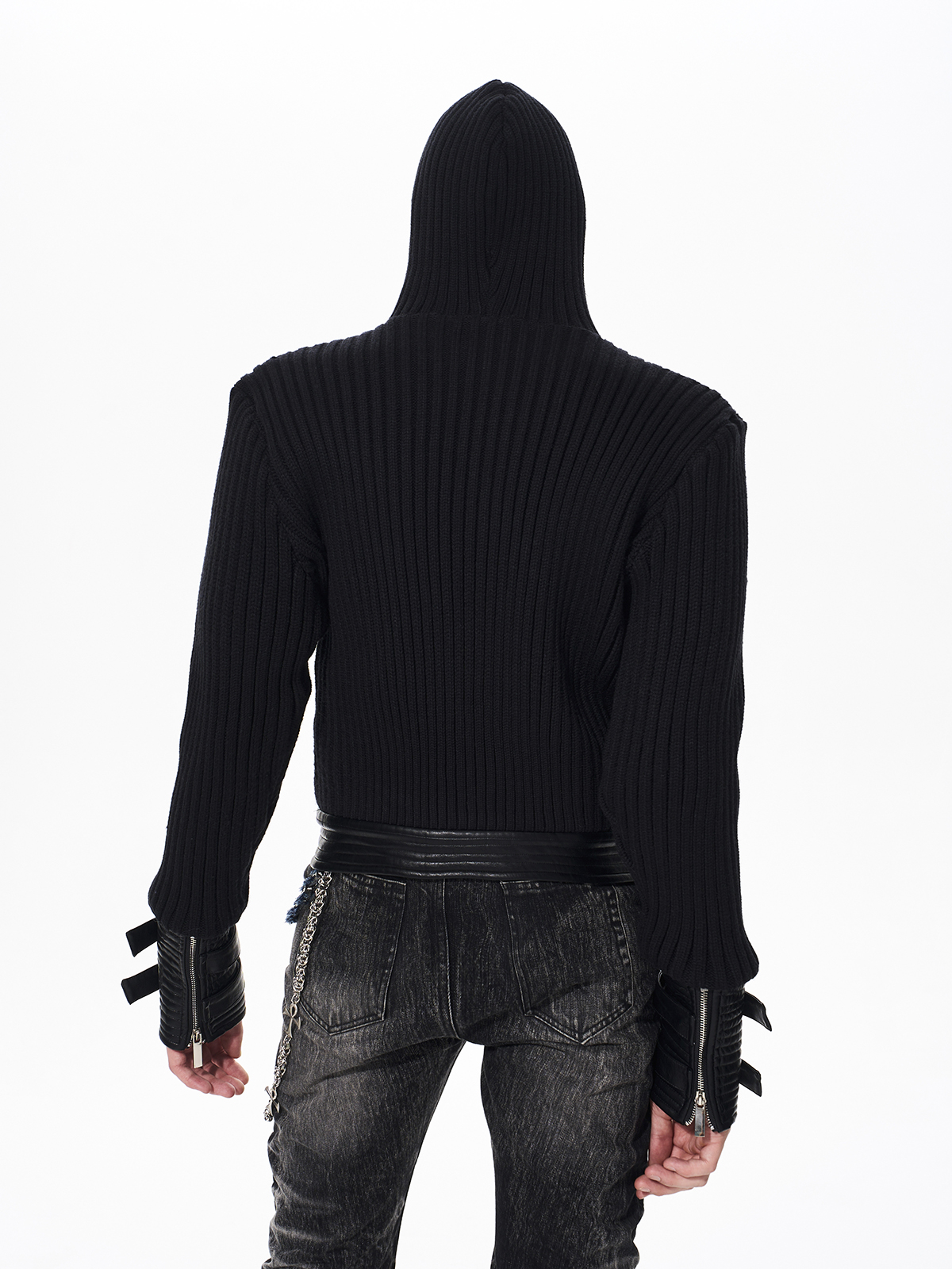LEATHER PANEL BUCKLE CUFF RIBBED KNIT HOODIE