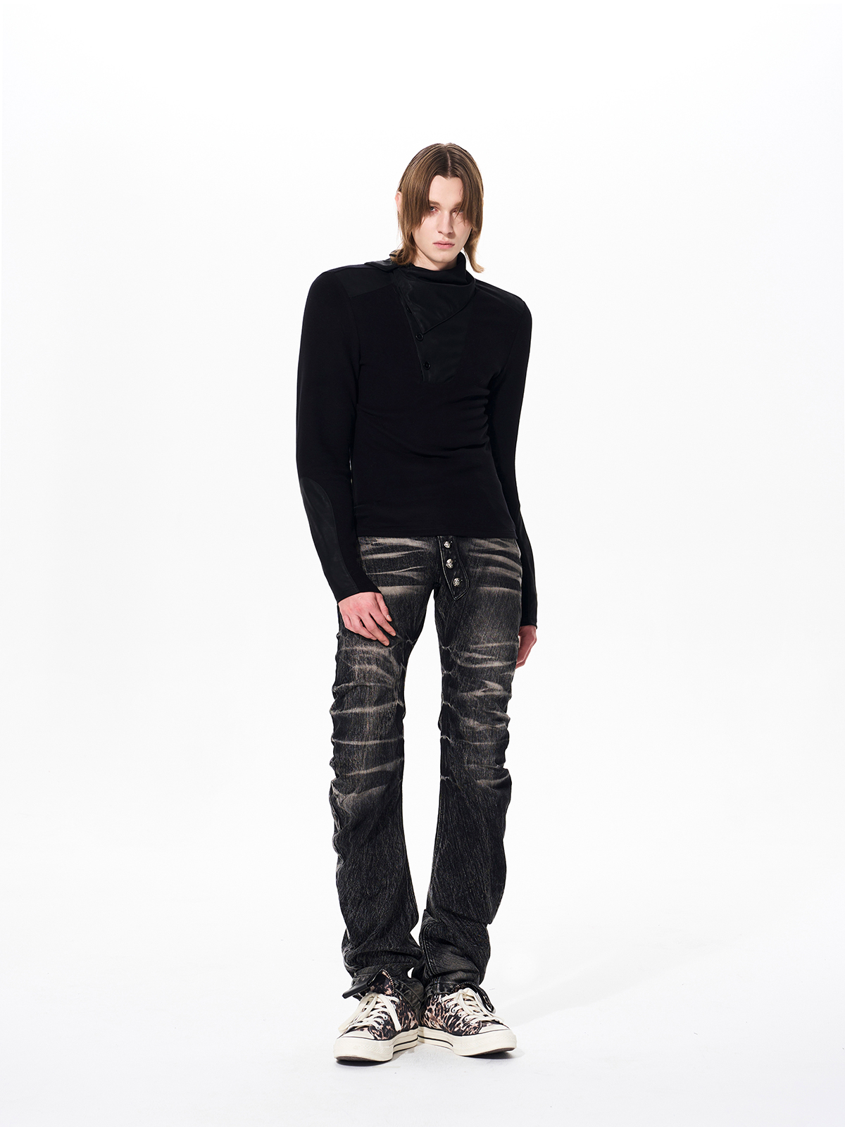 LEATHER PANEL BUTTON NECK FLEECE TOP