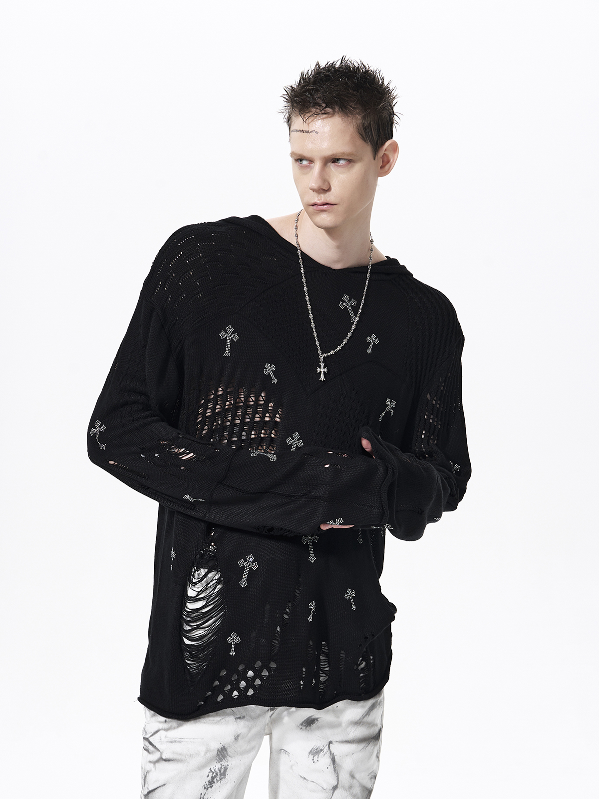 DISTRESSED CROSS RHINESTONE HOODED KNIT SWEATER-BLACK