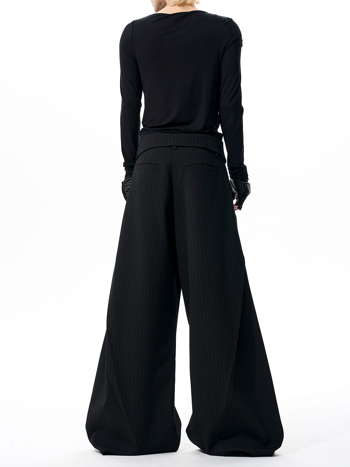 FOLD-OVER WAIST PINSTRIPE WIDE-LEG TROUSERS-BLACK