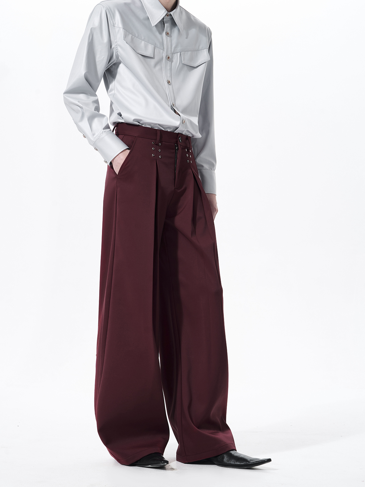STRUCTURED CINCHED WAIST STUDDED SUIT SET-BURGUNDY