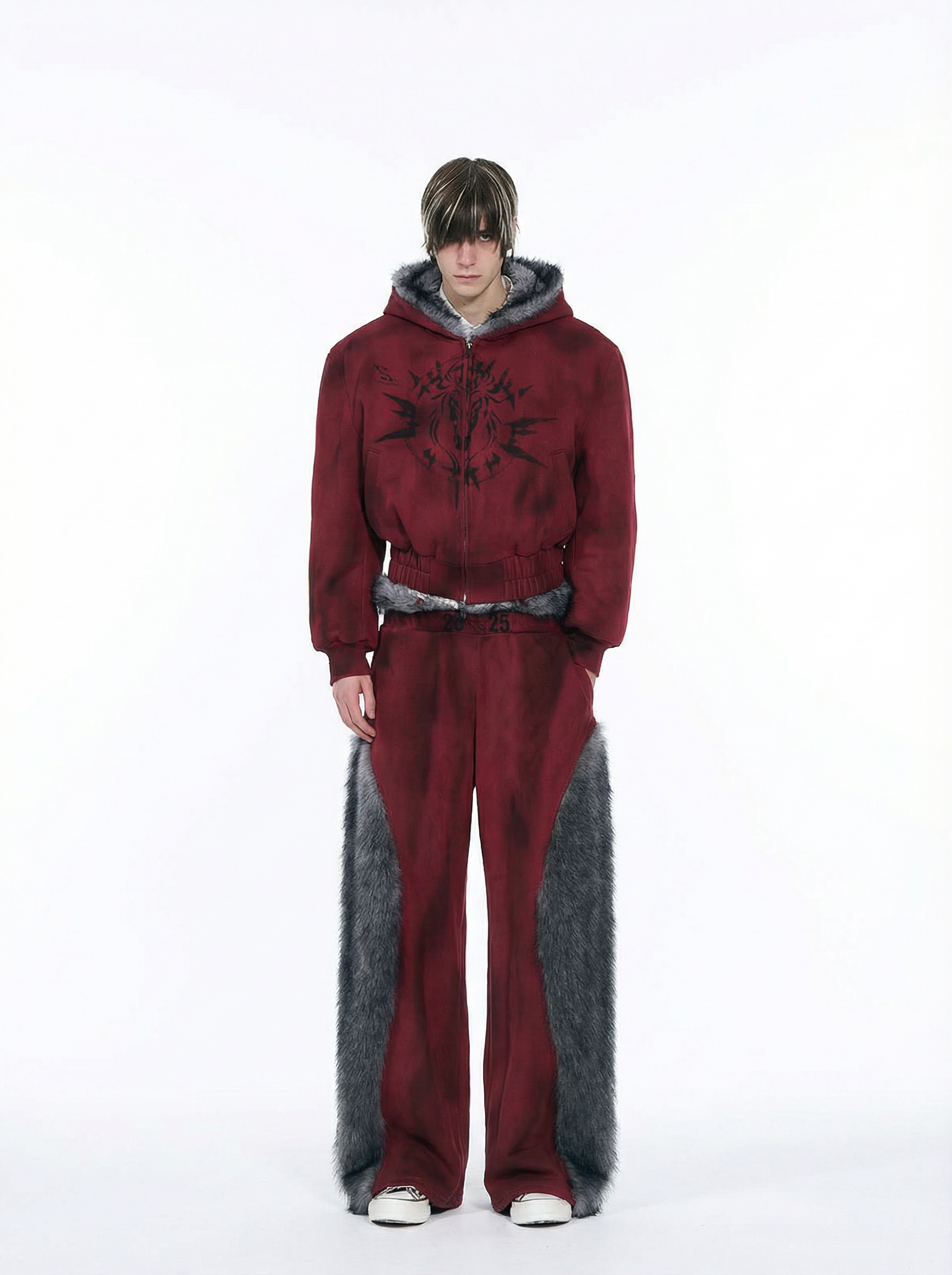 VINTAGE RED REVERSIBLE FUR HOODIE & FUR PANEL PANTS SET
