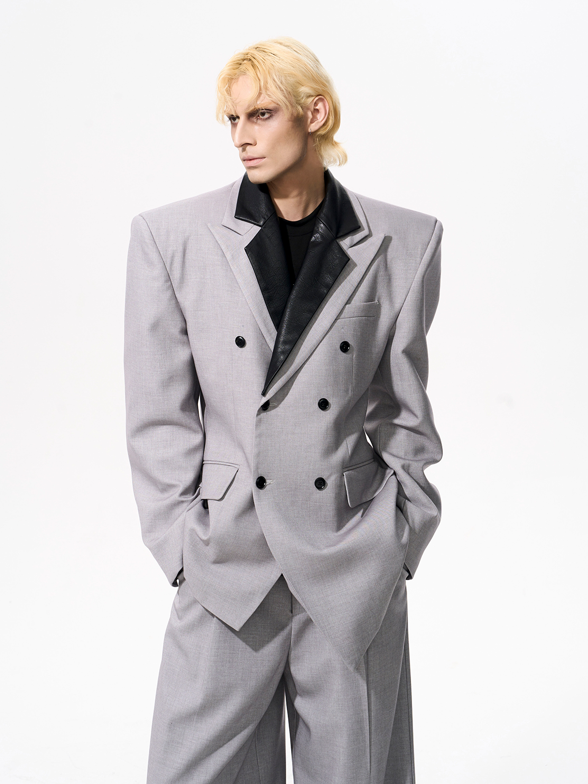 DETACHABLE LEATHER COLLAR SCULPTED SUIT SET-GREY