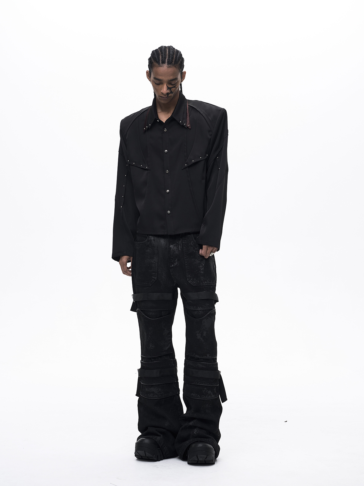 TRIPLE COLLAR DECONSTRUCTED LONG SLEEVE SHIRT-BLACK