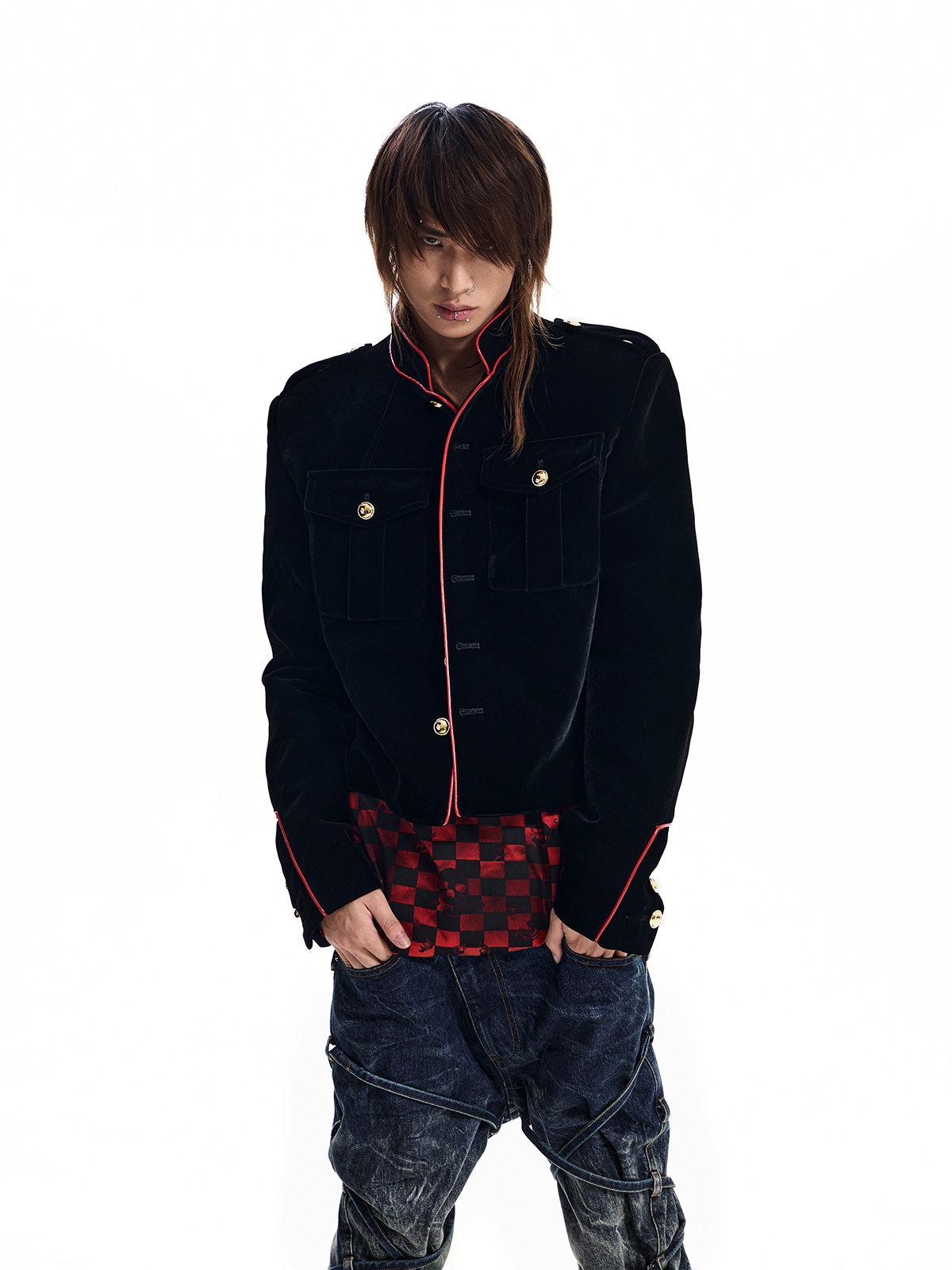 CONTRAST TRIM VELVET MILITARY JACKET