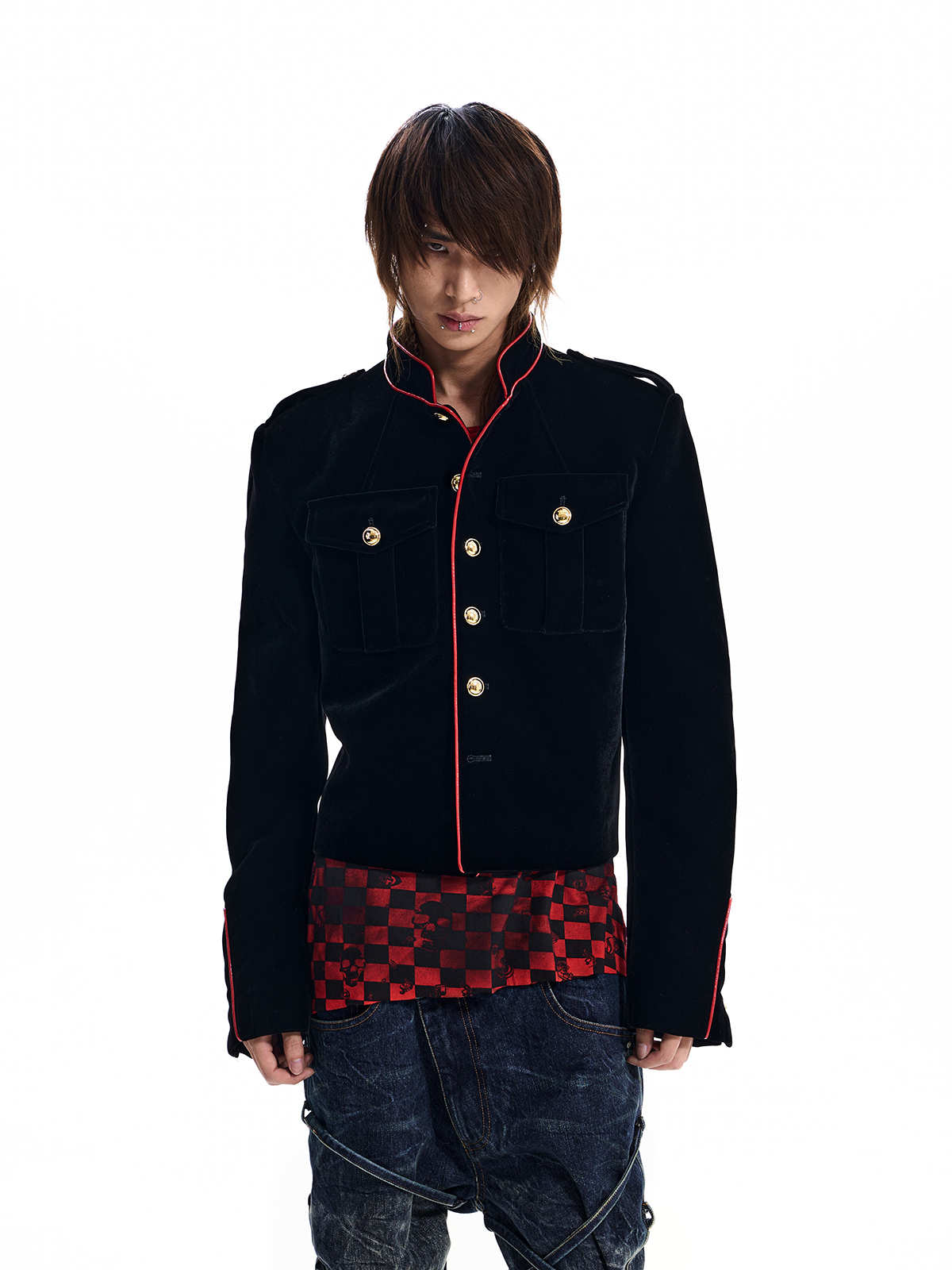 CONTRAST TRIM VELVET MILITARY JACKET