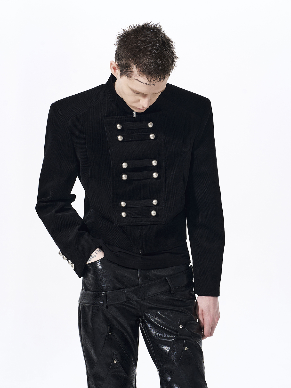 RETRO CORDUROY STAND COLLAR CROPPED JACKET-BLACK