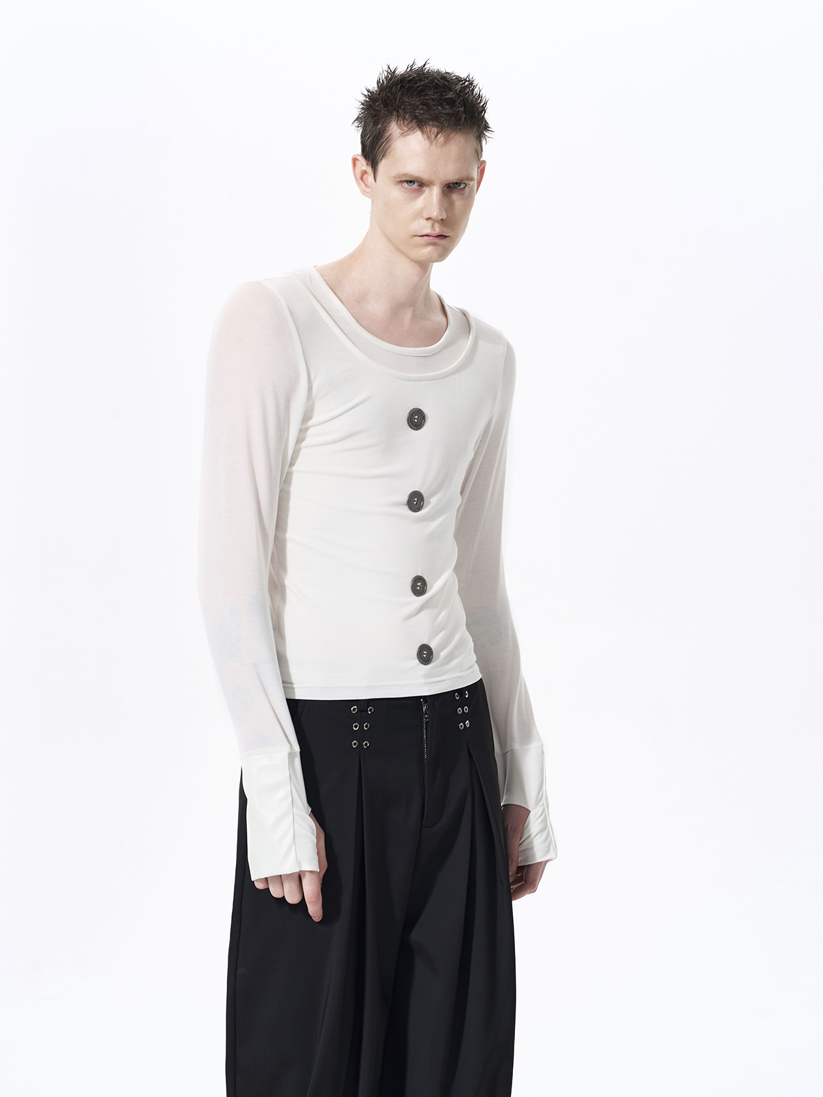 FAUX LAYERED TENCEL BUTTON LONGSLEEVE-WHITE