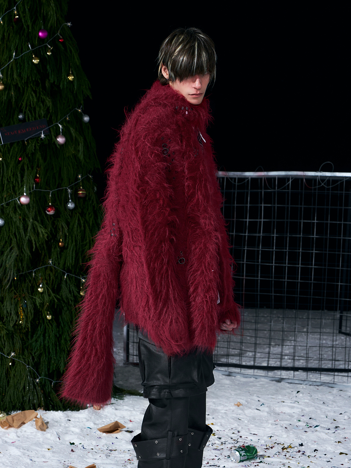 BURGUNDY RED FUZZY MOHAIR CARDIGAN & SCARF SET