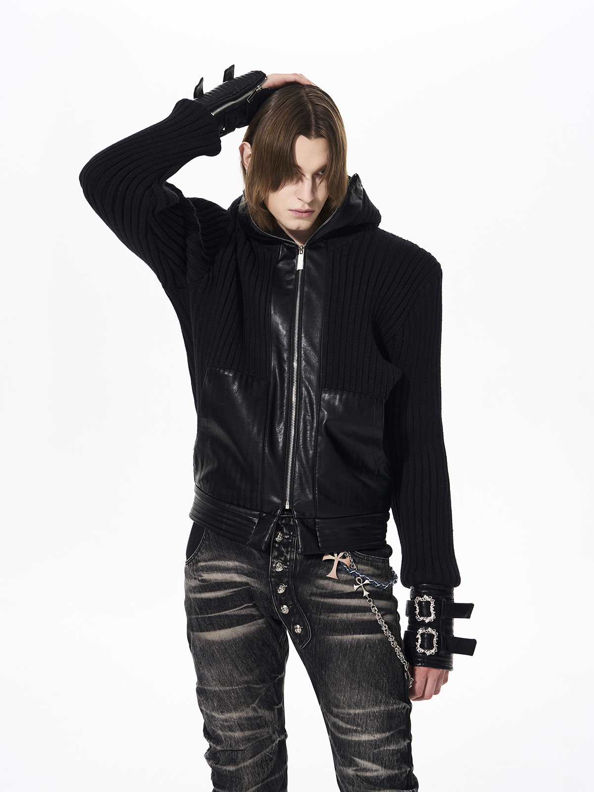 LEATHER PANEL BUCKLE CUFF RIBBED KNIT HOODIE