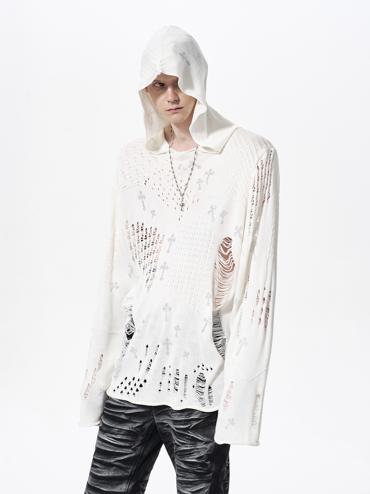 DISTRESSED CROSS RHINESTONE HOODED KNIT SWEATER-WHITE
