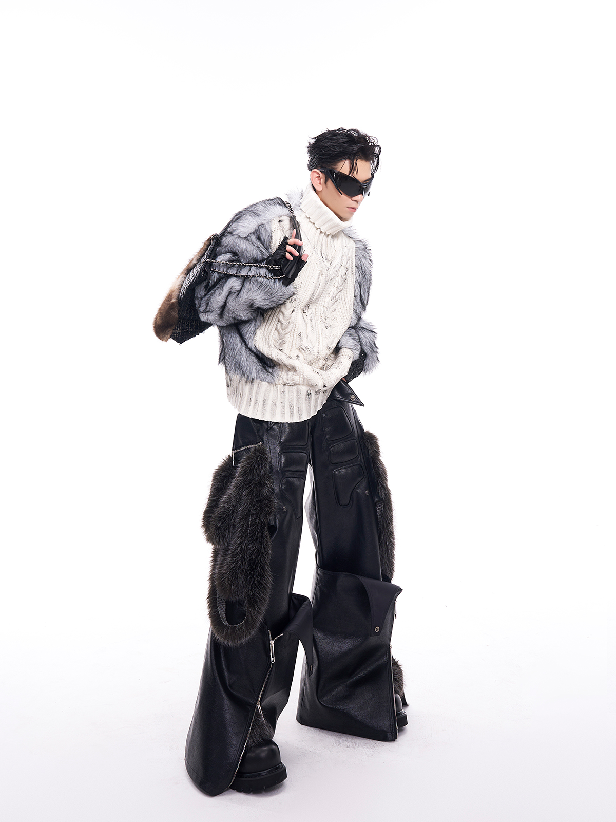 DIRTY WHITE KNIT & SILVER GREY FUR HYBRID PULLOVER-START EXCEED END