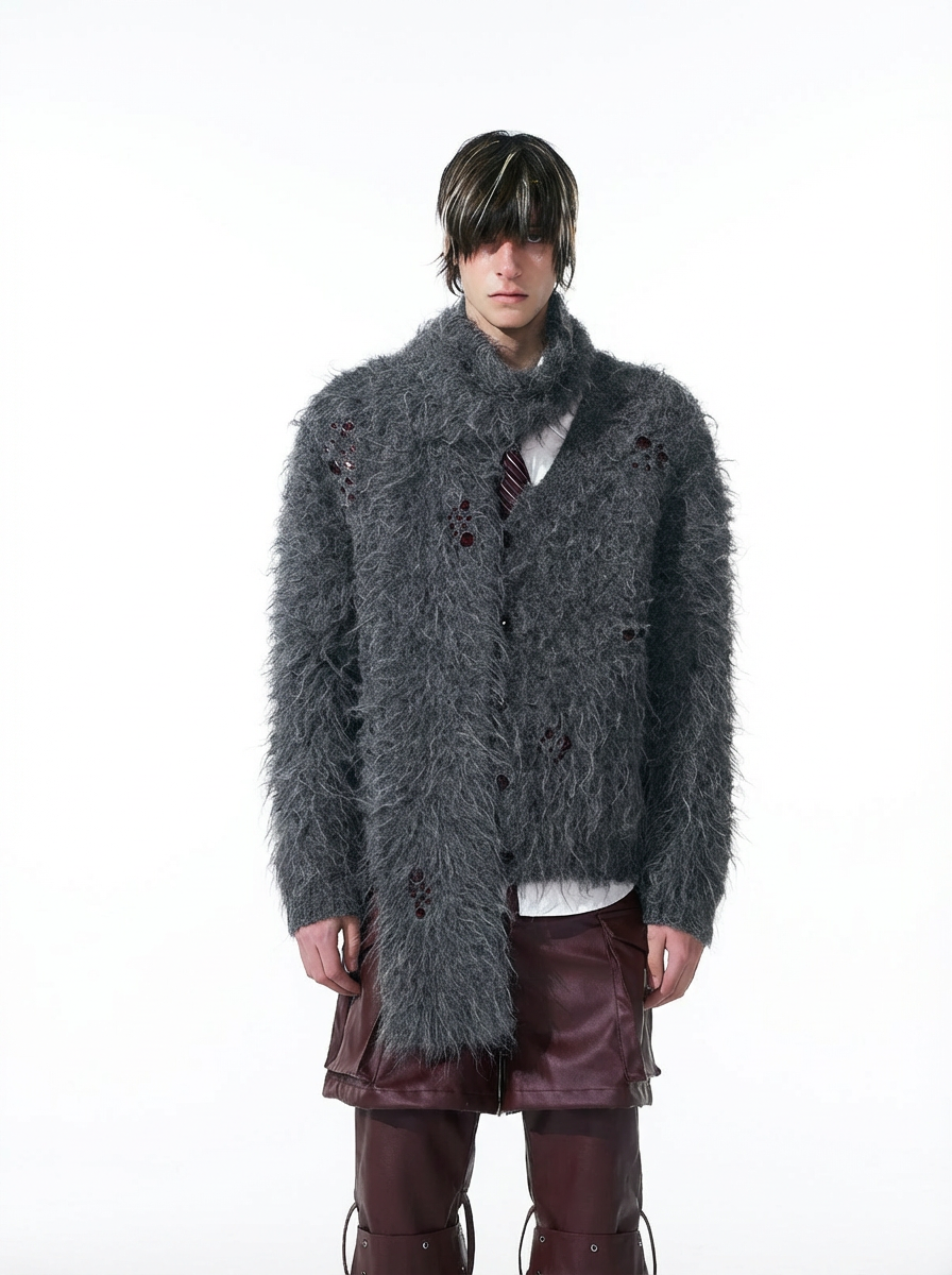 GREY FUZZY MOHAIR CARDIGAN & SCARF SET