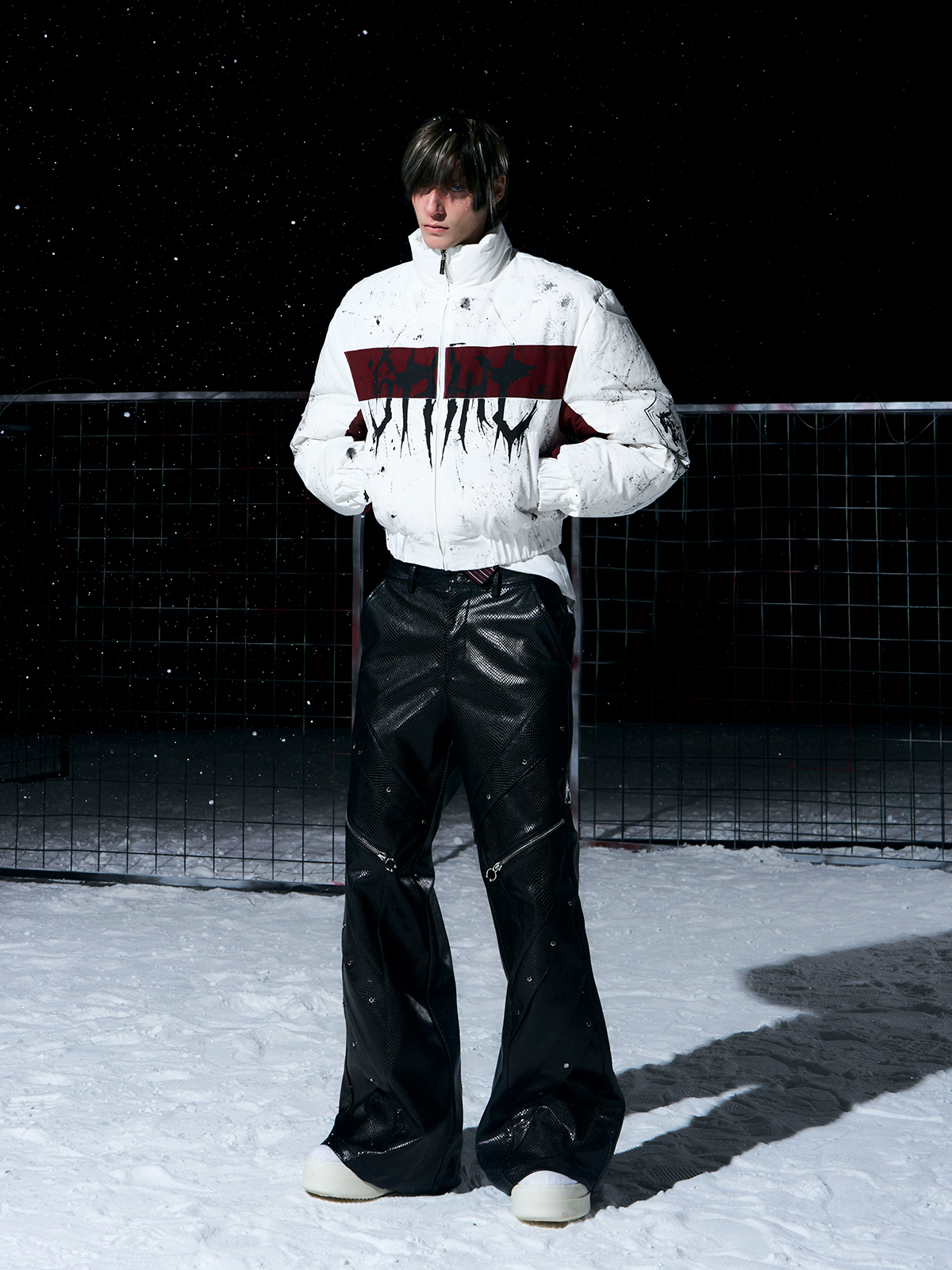 WHITE & BURGUNDY GRAFFITI SPLATTER BOMBER WITH KNIGHT PRINT