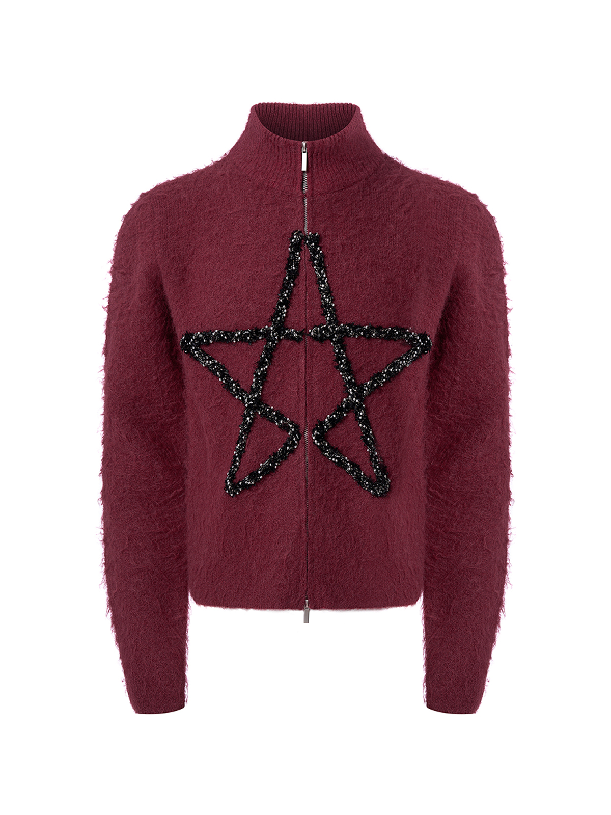 MOHAIR STAR ZIP-UP STAND COLLAR KNIT-RED