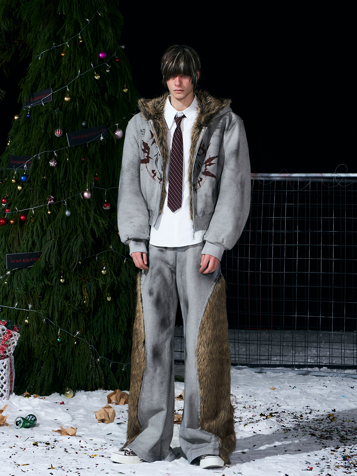 VINTAGE GREY REVERSIBLE FUR HOODIE & FUR PANEL PANTS SET