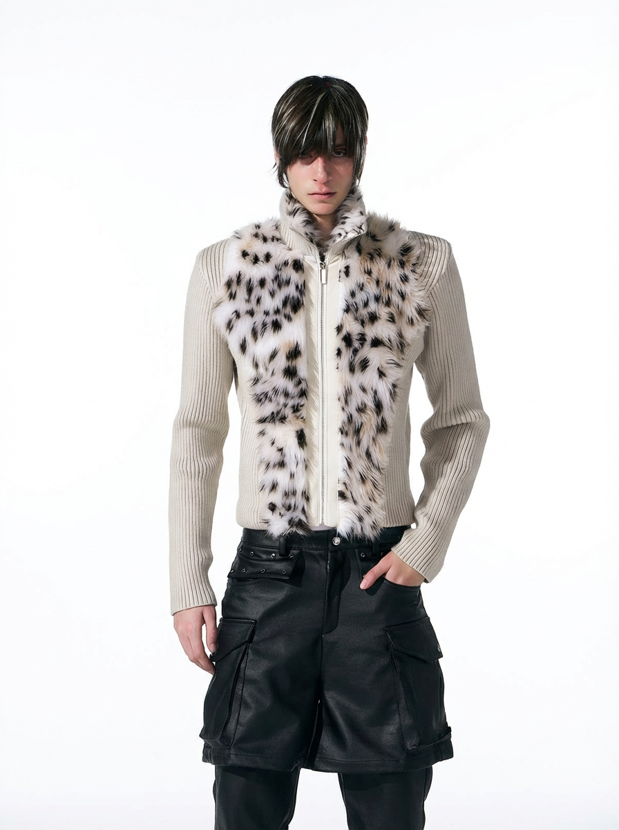 BEIGE LEOPARD FUR KNIT ZIP-UP