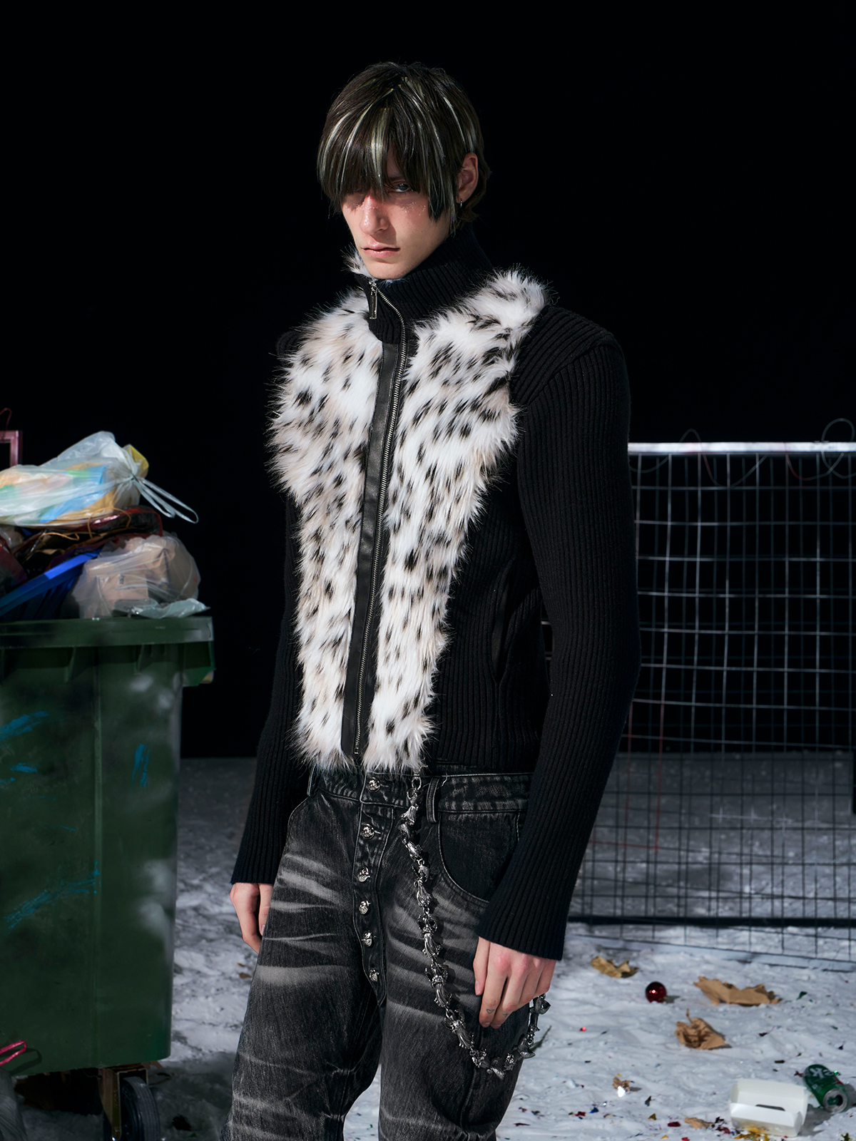 BLACK LEOPARD FUR KNIT ZIP-UP