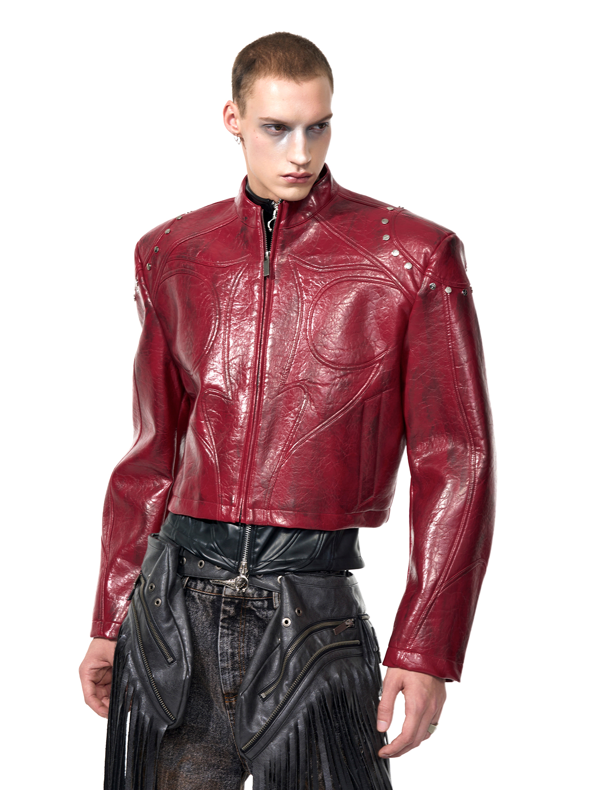 CROPPED STUDDED MOTO JACKET-CRINKLED RED