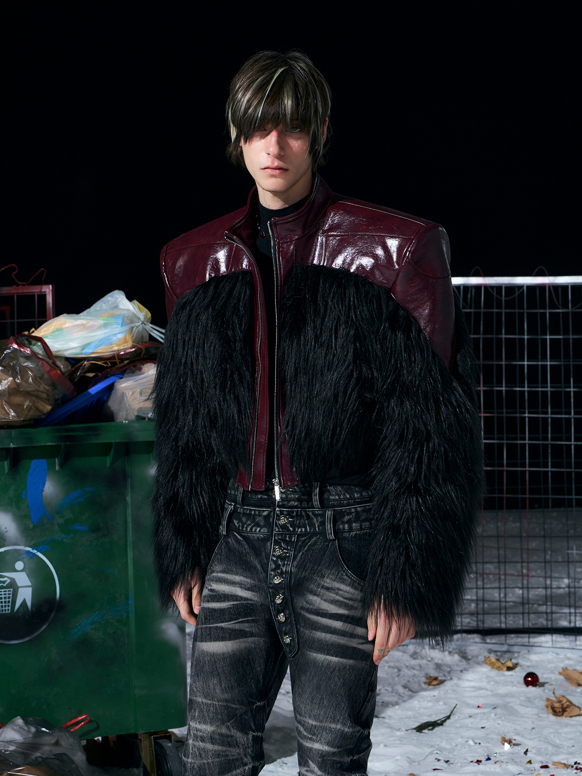 SHAGGY FAUX FUR PANEL CROPPED LEATHER JACKET-BURGUNDY