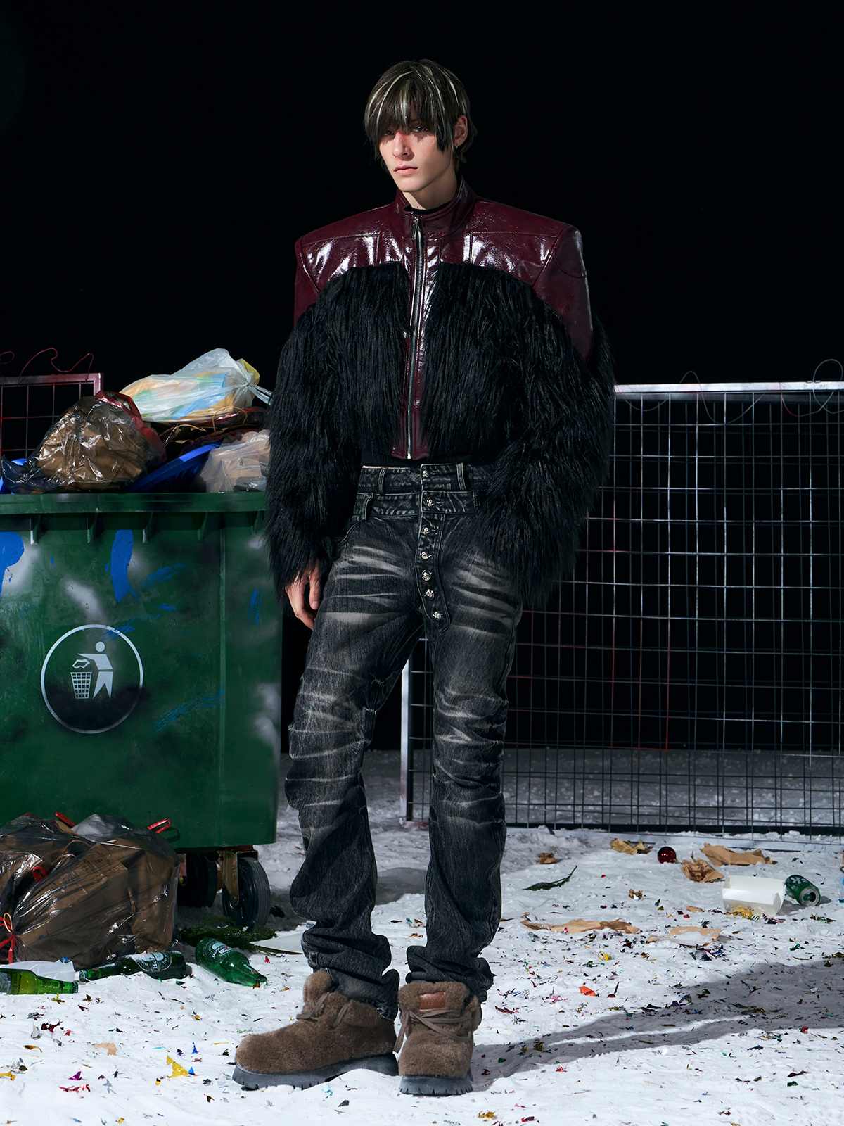 SHAGGY FAUX FUR PANEL CROPPED LEATHER JACKET-BURGUNDY