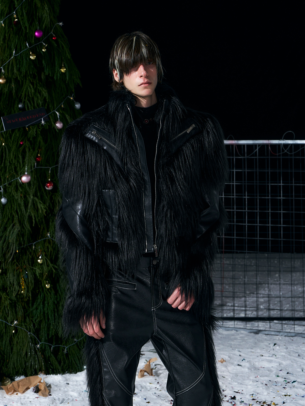 SHAGGY FAUX FUR LEATHER-PANEL CROPPED JACKET-BLACK