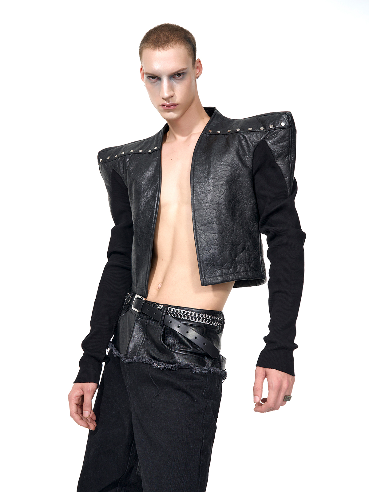 STUDDED POWER-SHOULDER HYBRID JACKET-START EXCEED END