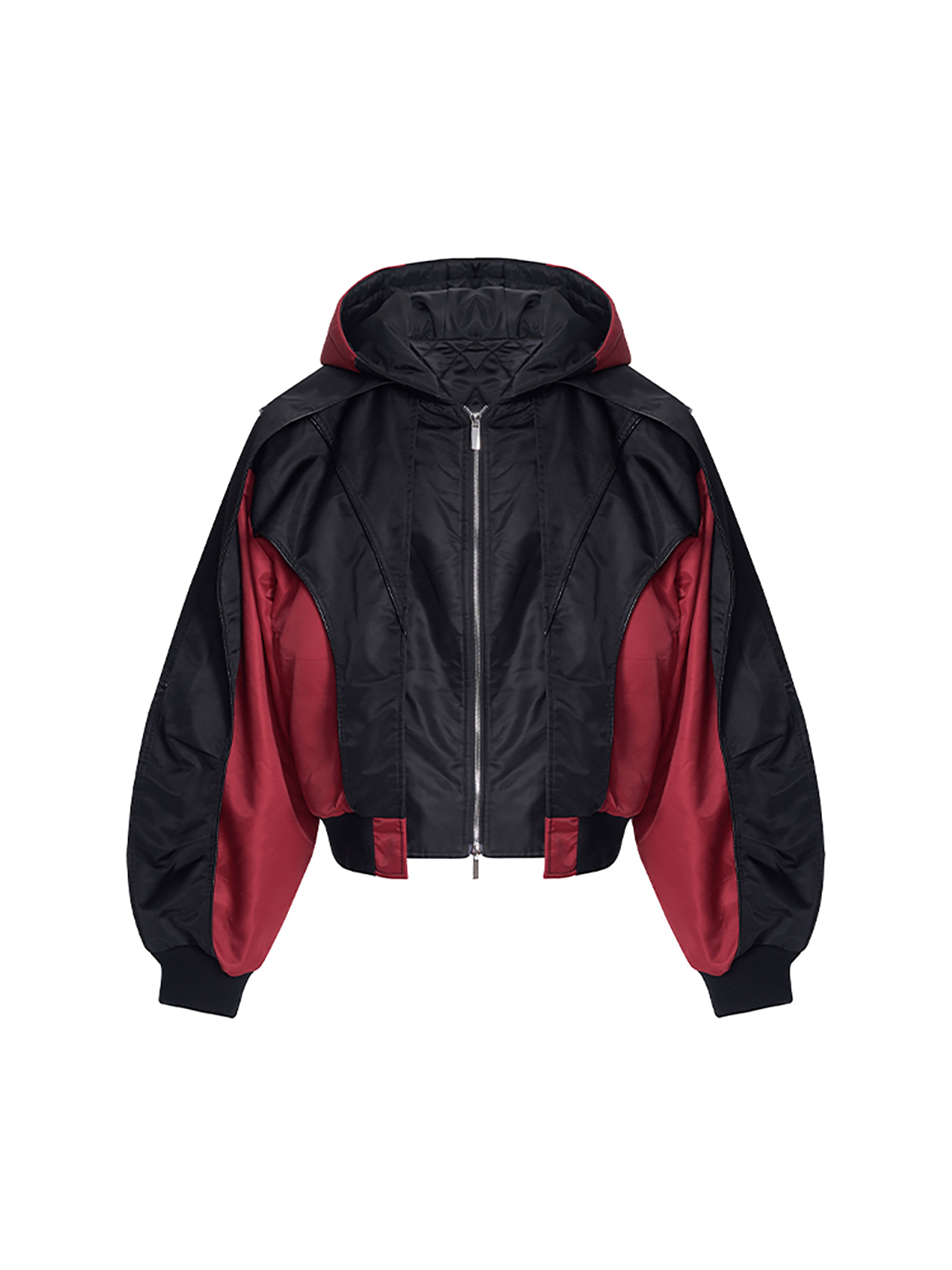 CONTRAST RED BATWING SLEEVE HOODED BOMBER-START EXCEED END