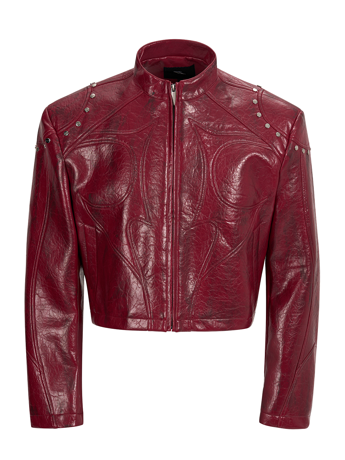CROPPED STUDDED MOTO JACKET-CRINKLED RED
