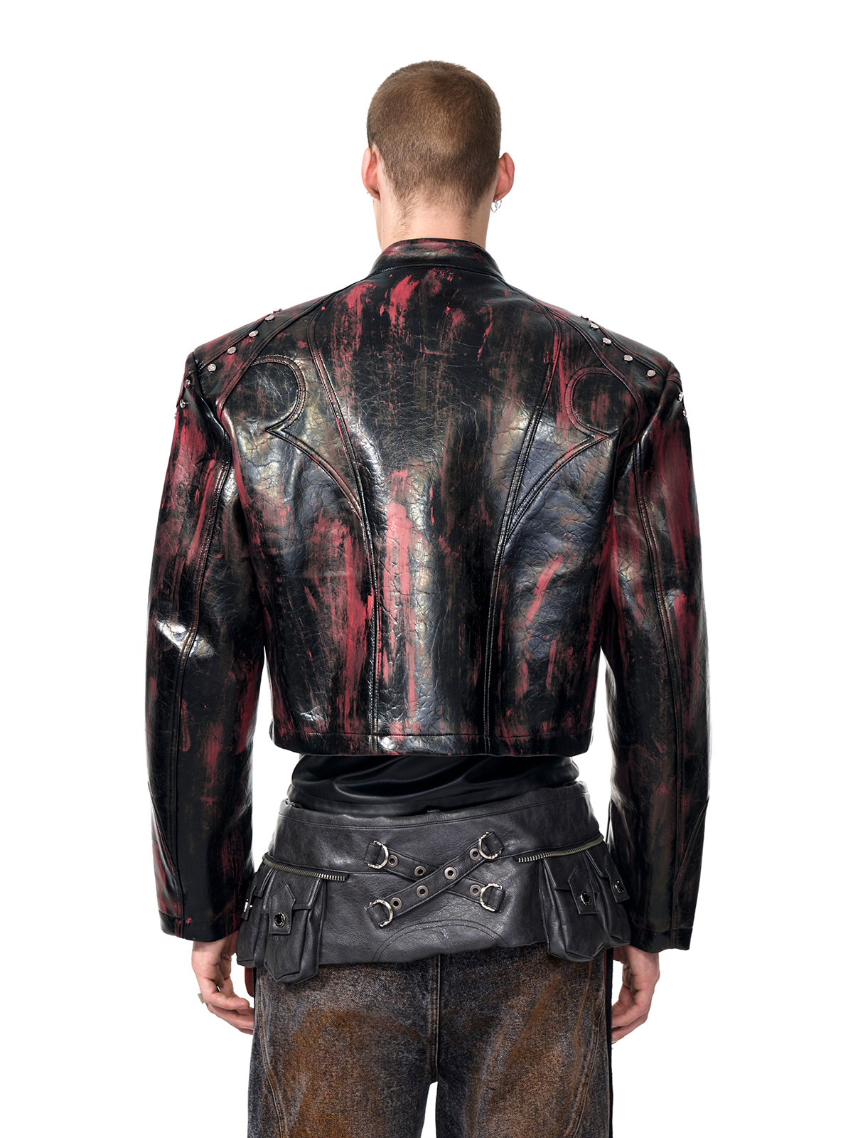 CROPPED STUDDED MOTO JACKET-BRUSHED BLACK/RED