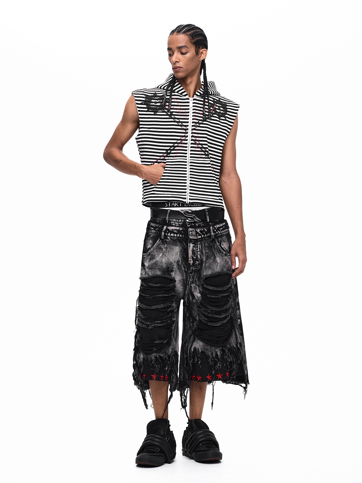 STRIPED MORNING STAR ZIP HOODIE VEST-BLACK/WHITE