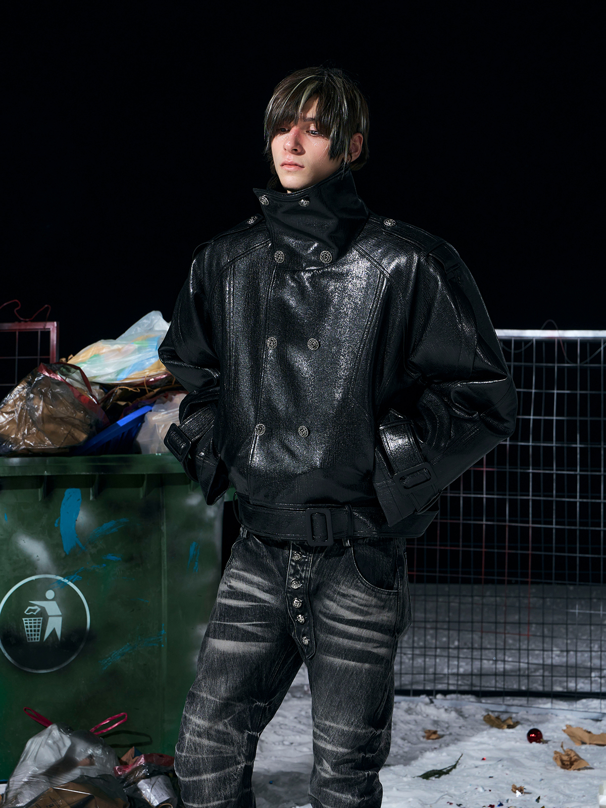 Padded Double-Breasted Cropped Leather Jacket