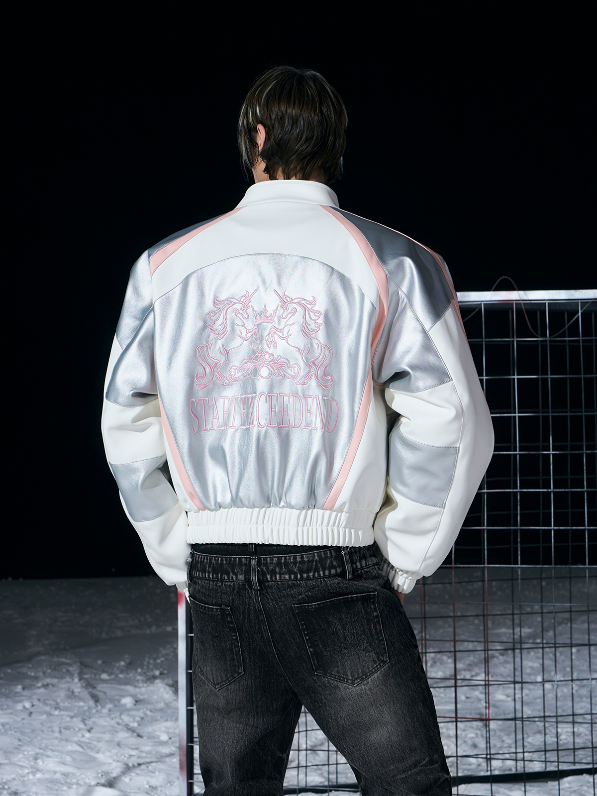 WHITE & SILVER METALLIC EMBROIDERED RACING JACKET