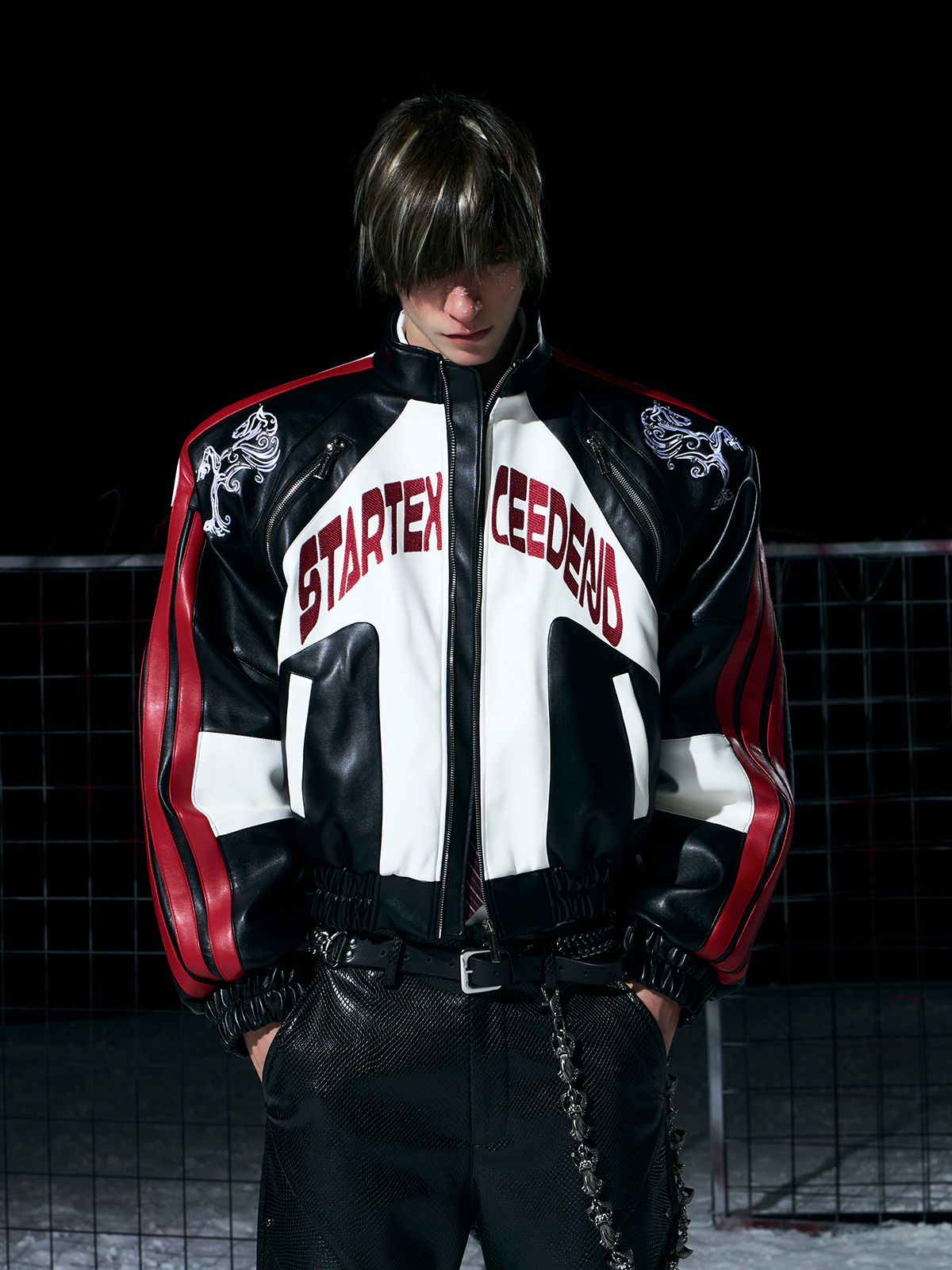 BLACK & RED EMBROIDERED FAUX LEATHER RACING JACKET