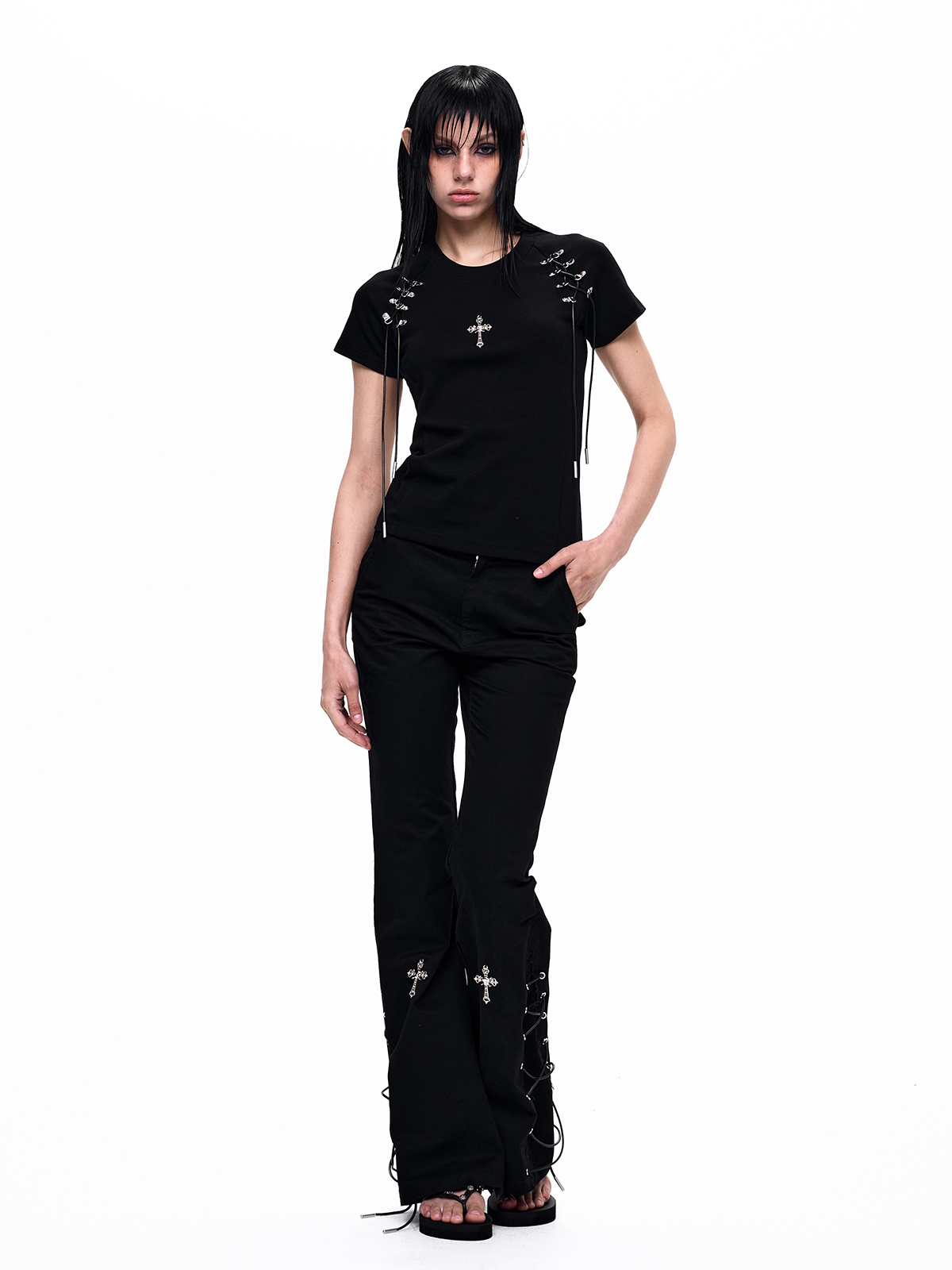 CROSS LACE-UP FLARE PANTS