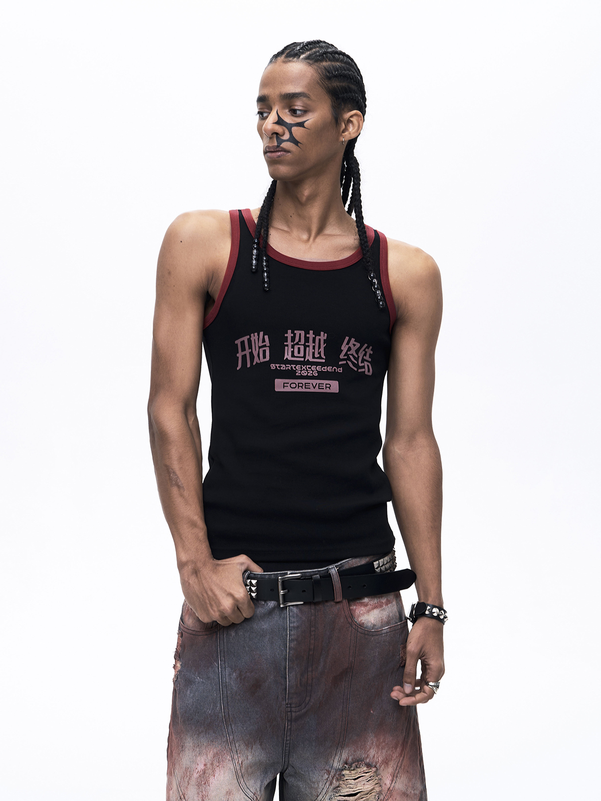 "START EXCEED END" GRAPHIC RINGER TANK TOP-BLACK/RED