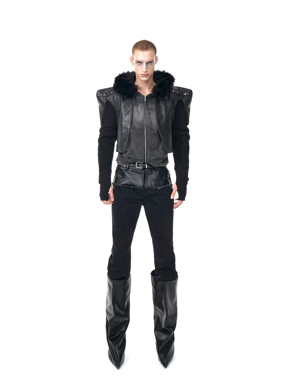 STUDDED POWER-SHOULDER HYBRID JACKET-START EXCEED END