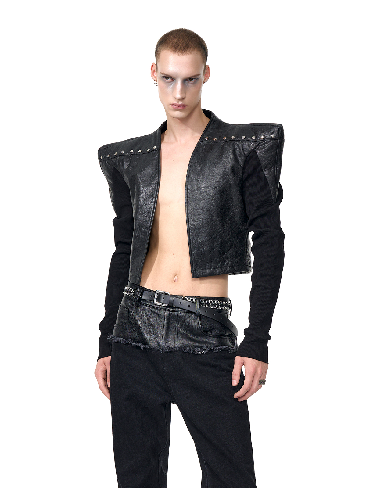 STUDDED POWER-SHOULDER HYBRID JACKET-START EXCEED END