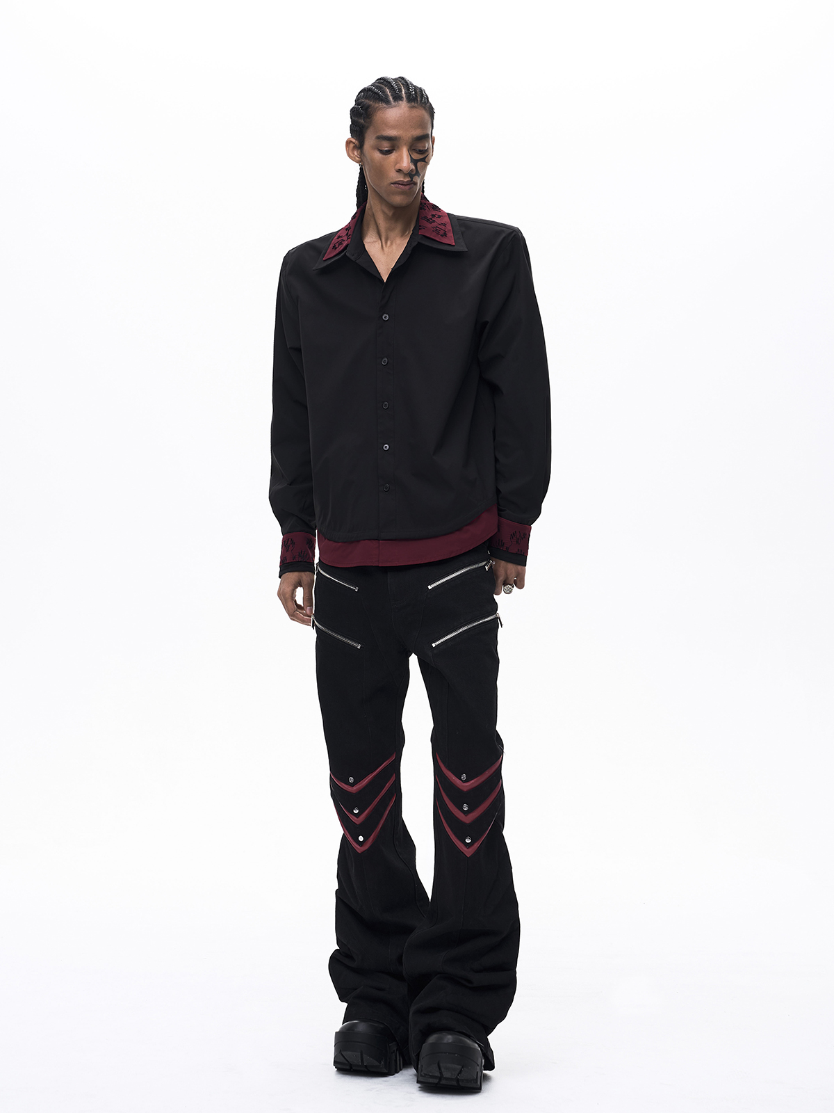 FAKE TWO-PIECE DOUBLE COLLAR SHIRT-BLACK