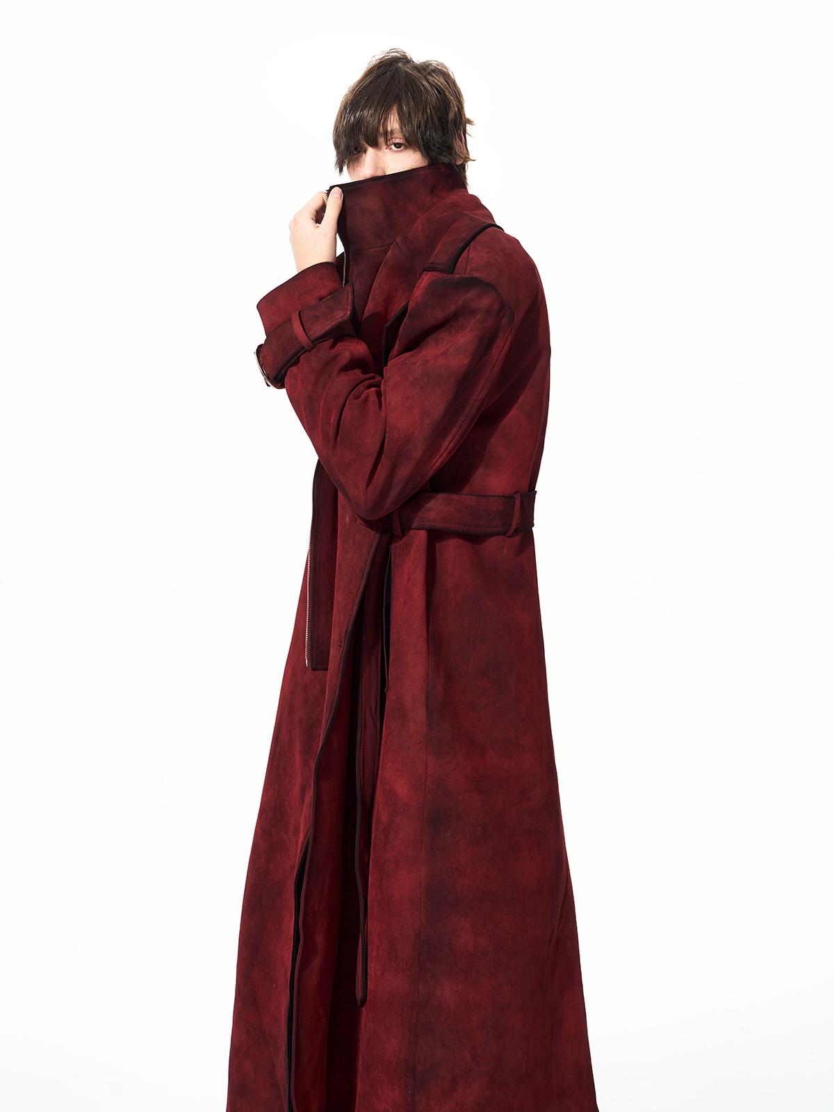 BLOOD RED DISTRESSED SUEDE BELTED TRENCH COAT-START EXCEED END