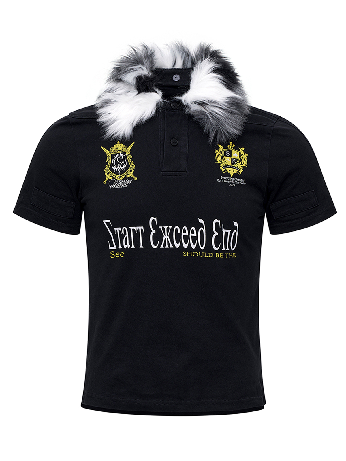 MUD WASH DISTRESSED FUR COLLAR T-SHIRT-WASHED BLACK