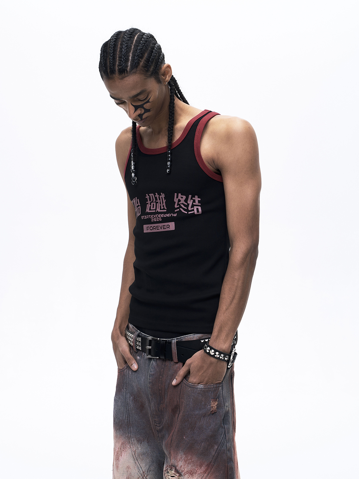 "START EXCEED END" GRAPHIC RINGER TANK TOP-BLACK/RED