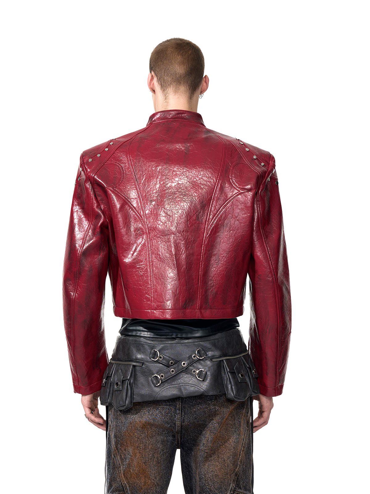 CROPPED STUDDED MOTO JACKET-CRINKLED RED