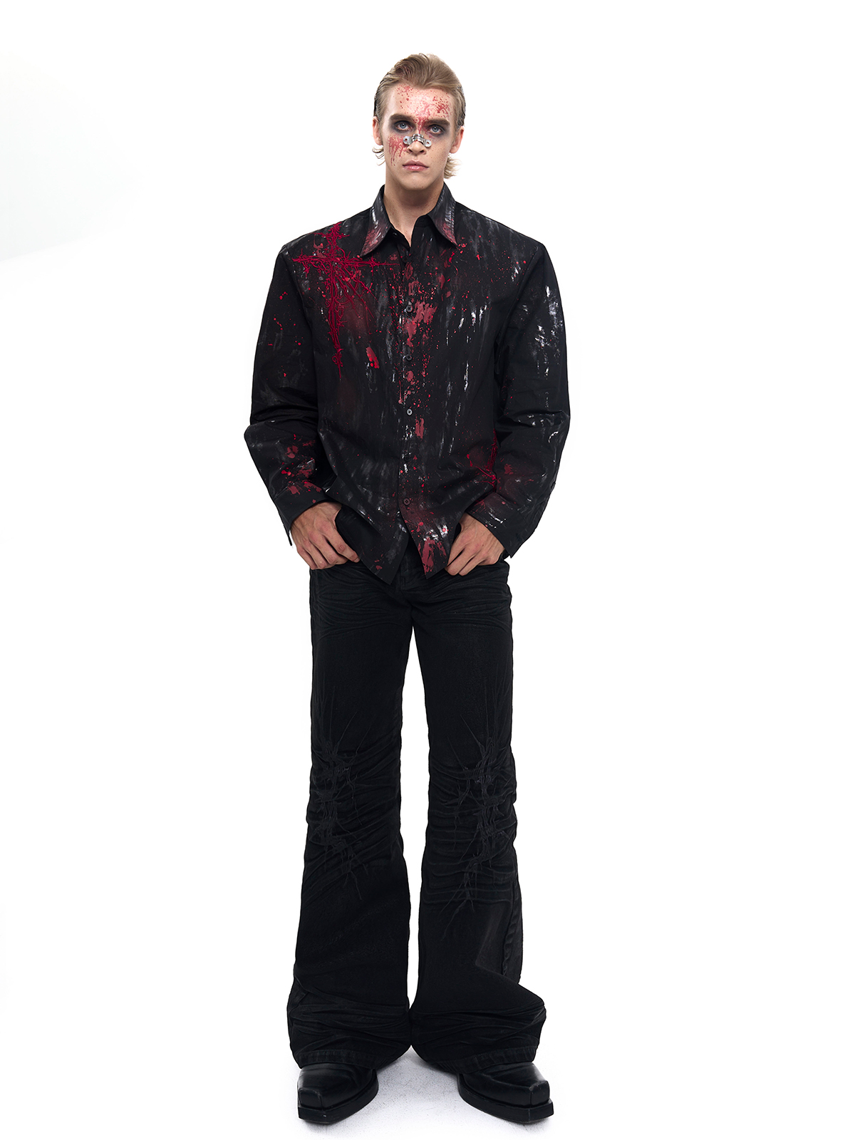 CRIMSON SPLATTER THORN CROSS SHIRT-START EXCEED END